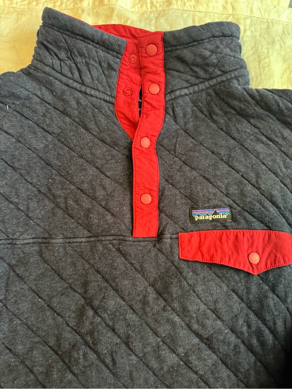 Patagonia Organic Cotton Quilted Snap Pullover XL Navy Red Sweatshirt